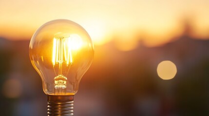 Aufkleber - Vintage light bulb glowing warmly against scenic sunset creating a cozy and inspiring atmosphere : Generative AI