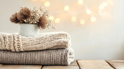 Poster - Cozy Knitted Blankets with Dried Flowers in Stylish Modern Container : Generative AI