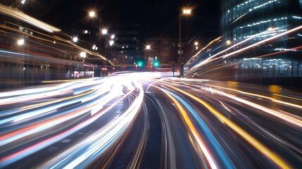 Poster - Dynamic city scene capturing vibrant light trails as cars move through busy streets at night : Generative AI