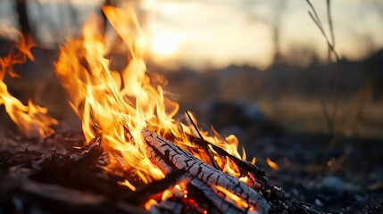 Fototapete - Captivating flames dance gracefully over charred logs creating a warm and inviting atmosphere : Generative AI