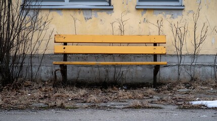 Poster - Lonely yellow bench stands against a weathered wall a touch of color in an abandoned setting : Generative AI