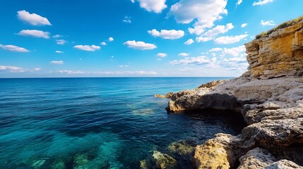 Poster - Serene Coastal Scene with Turquoise Water and Rocky Shore Under Blue Sky : Generative AI
