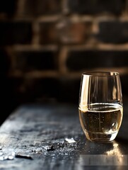 Aufkleber - Elegant glass of sparkling beverage on rustic table with dark brick background capturing the essence of celebration and ambiance : Generative AI