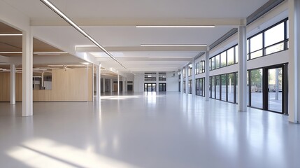 Poster - Bright and Spacious Modern Interior of an Open Concept Office with Large Windows : Generative AI