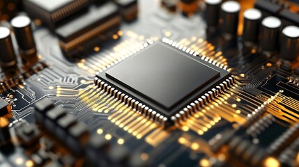 Leinwandbilder - Detailed Closeup of a Modern Microchip Circuit Board Highlighting Technology and Innovation : Generative AI