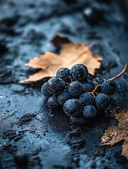 Poster - Fresh ripe blue grapes resting on textured background with autumn leaves creating a moody scene : Generative AI