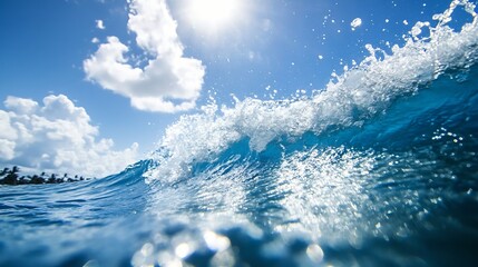 Aufkleber - Dynamic ocean wave crashing under the bright sun with splashes and clear blue skies : Generative AI
