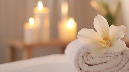 Aufkleber - Relaxing Spa Scene with Towel and Blooming Flower Surrounded by Soft Candlelight : Generative AI