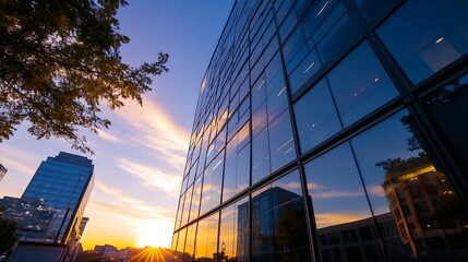 Aufkleber - Stunning Sunset Reflection on Modern Glass Buildings in Urban Setting : Generative AI