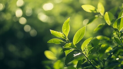 Poster - Close up of vibrant green leaves basking in soft sunlight creating an enchanting nature scene : Generative AI