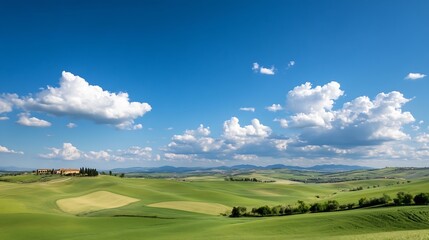 Poster - Expansive green rolling hills under blue sky with white clouds embodying serene nature : Generative AI