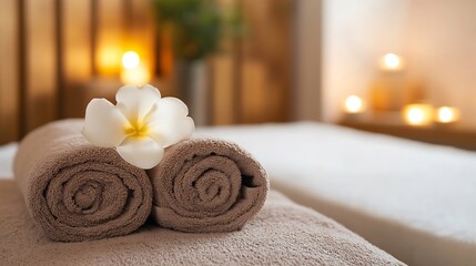 Aufkleber - Relaxing spa environment featuring neatly rolled towels and a delicate flower for ultimate tranquility : Generative AI