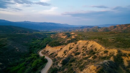 Poster - Aerial View of Serene Valley and Rolling Hills Under a Beautiful Cloudy Sky : Generative AI