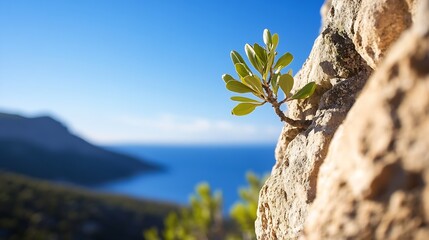 Aufkleber - Vibrant green leaves sprouting from a rocky edge overlooking a calm blue sea creating a stunning coastal view : Generative AI