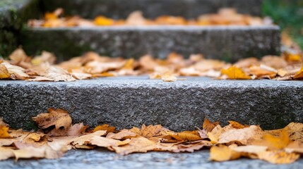 Aufkleber - Autumn leaves scattered on stone steps creating a picturesque scene of nature's seasonal beauty and tranquility : Generative AI