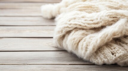 Aufkleber - Cozy Knitted White Blanket on Rustic Wooden Surface Creating Warm Inviting Atmosphere : Generative AI