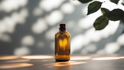 Poster - amber glass bottle illuminated by soft natural light surrounded by leafy shadows on a wooden table