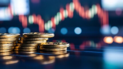 Aufkleber - Stacks of shiny gold coins against a backdrop of digital financial graphs depicting growth and investment trends : Generative AI