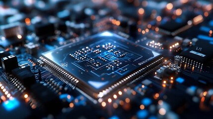 Poster - Close up of a modern computer chip on a futuristic circuit board with bright LED lights : Generative AI