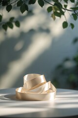 Poster - elegant satin ribbon draped artistically on a white table with soft natural light filtering through 