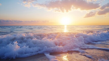 Poster - Gentle ocean waves crashing on a sandy beach during a vibrant sunset : Generative AI