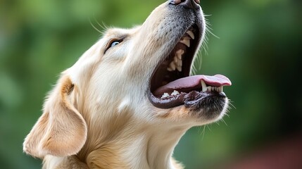 Poster - Golden retriever with mouth open showcasing a joyful expression in natural outdoor setting : Generative AI