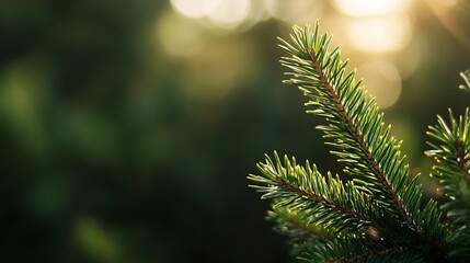 Poster - Close up view of a lush green pine branch bathed in soft sunlight creating a serene natural atmosphere : Generative AI