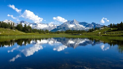 Aufkleber - Stunning Mountain Landscape Reflected in a Serene Lake Surrounded by Lush Greenery : Generative AI