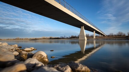 Aufkleber - Modern Concrete Bridge Reflection on Calm River under a Bright Blue Sky : Generative AI