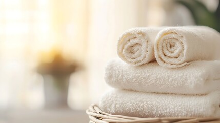 Aufkleber - Rolled towels in a woven basket for a spa inspired bathroom decor with natural light : Generative AI