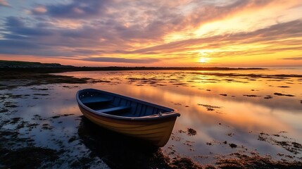 Poster - Colorful sunset reflected in calm water with a lone boat resting on the shore creating a peaceful atmosphere : Generative AI