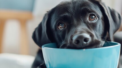 Aufkleber - Adorable black labrador retriever resting its chin on a blue bowl with big expressive eyes : Generative AI