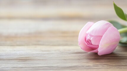Poster - Delicate pink tulip flower resting on a rustic wooden surface showcasing natural beauty : Generative AI