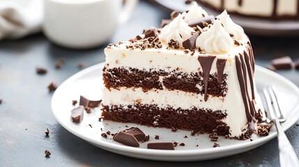 Poster - Delicious chocolate cake slice served on a plate garnished with whipped cream and chocolate : Generative AI