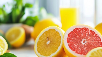 Aufkleber - Fresh sliced fruits including lemon and grapefruit on a bright kitchen table : Generative AI