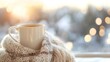 © Generative AI - Warm cup of coffee wrapped in cozy knit scarf with soft lighting and bokeh background : Generative AI