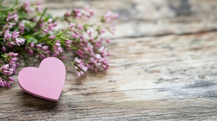 Aufkleber - Charming arrangement featuring a heart shaped object and delicate pink flowers on rustic wooden surface : Generative AI