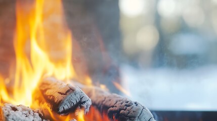 Poster - Close up of vibrant fire flames with glowing logs in fireplace creating warm ambiance in winter : Generative AI