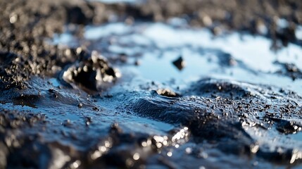 Leinwandbilder - Glittering Water Puddle Reflecting Light and Texture on a Muddy Surface : Generative AI