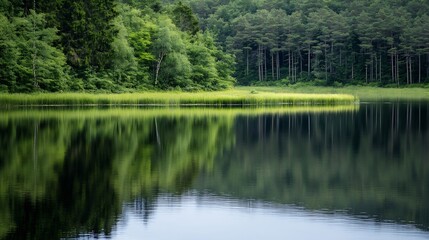 Poster - Serene lake surrounded by lush green forest reflecting a beautiful landscape in calm waters : Generative AI