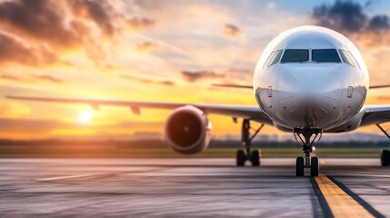 Poster - Sleek commercial airplane parked on taxiway at sunset highlighting its modern aerodynamic design : Generative AI