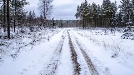 Poster - Peaceful winter forest landscape with a snowy dirt road inviting exploration among the frosty trees : Generative AI