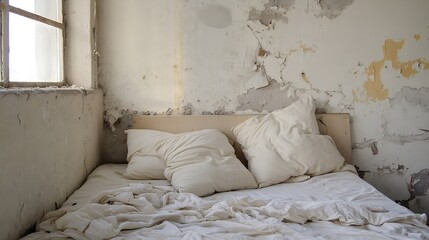 Poster - Abandoned Bedroom with Unmade Bed and Worn Walls : Generative AI