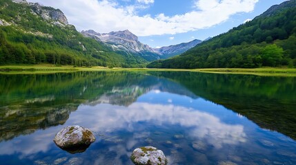 Aufkleber - Stunning landscape view of a serene lake surrounded by mountains and lush green forests reflecting in clear water : Generative AI