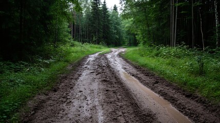 Poster - Winding muddy road through a lush green forest surrounded by trees after rain : Generative AI