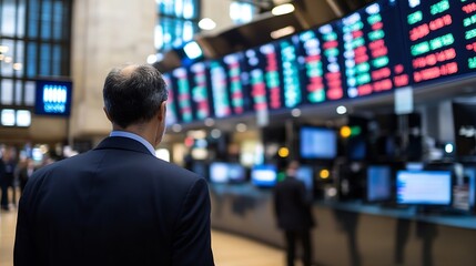 Fototapete - Businessman observing stock market screens filled with data and financial information in a trading hall : Generative AI