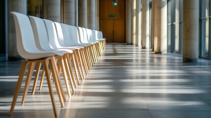Poster - Modern interior with lined white chairs casting shadows in stylish corridor : Generative AI