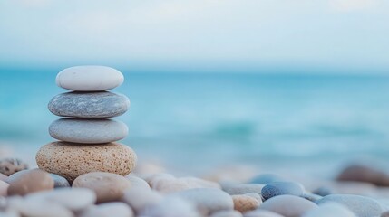 Poster - Carefully balanced stones stacked on a tranquil beach with a blurred ocean backdrop : Generative AI