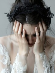 Poster - Emotional Portrait of Woman in Lace Dress Expressing Pain and Distress : Generative AI