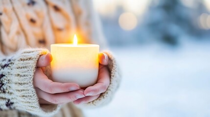 Aufkleber - Hands holding a glowing candle in a snow winter setting with soft sunset light : Generative AI